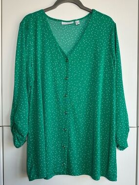 Susan Graver Liquid Knit Blouse Green White Polka Dots Button Front Large